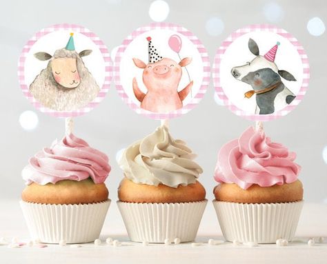 Barnyard Birthday Cupcake Toppers Favor Tags Farm Birthday Party Decoration Girl Farm Animals Pink Stickers download Digital PRINTABLE 0155 Princess Birthday Cupcakes, Cow Cupcakes, Farm Animal Cupcakes, First Birthday Cupcakes, Barnyard Birthday Party, Farm Baby Shower, Farm Animals Birthday Party, Birthday Cupcake Toppers, Barnyard Party