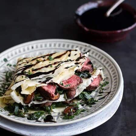 Steak, Spinach and Mushroom Crepes with Balsamic Glaze. - Half Baked Harvest Mushroom Crepes, Crepe Recipe Savory, Mushroom Crepe, Sweet Crepes Recipe, Spinach And Mushroom, Sweet Crepes, Savory Crepes, Crepe Recipes, Spinach Stuffed Mushrooms