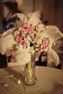 Wedding Centerpieces Feathers Flower, Forest Masquerade, Mercury Glass Centerpiece, 1920 Wedding, Angela Anderson, 1920s Theme, Feathers Wedding, Great Gatsby Art, Feather Centerpieces