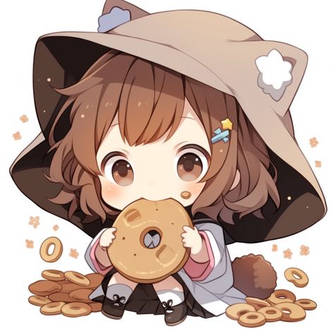 Cute Eating Drawing, Eating Candy Drawing, Chibi Eating Pose, Anime Donut, Chibi Eating, Cute Chibi Art, Chibi Inspiration, Anime Eating, Donut Drawing