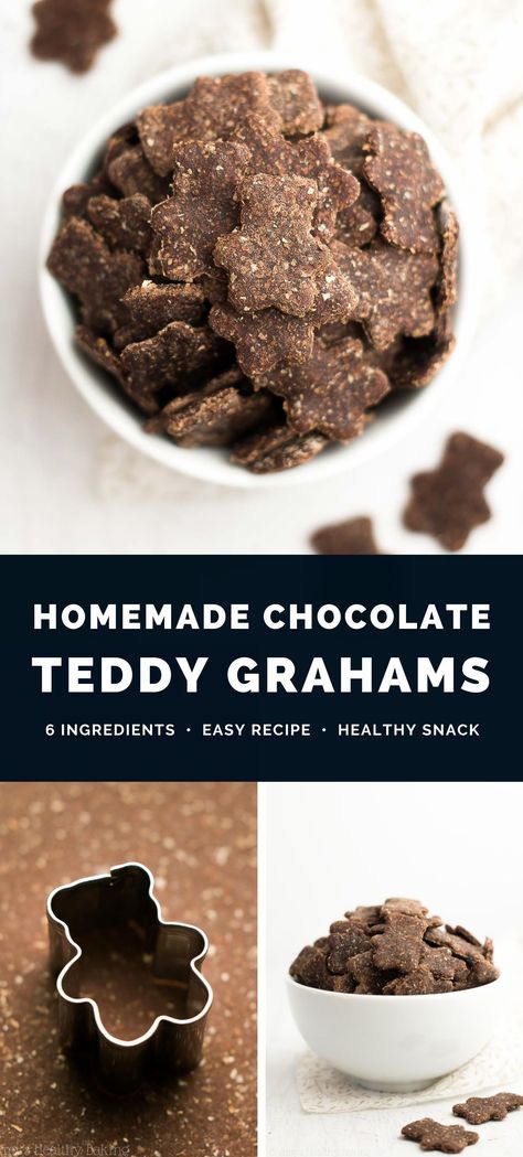 These homemade chocolate teddy grahams taste just like the originals! Crunchy, lightly sweetened, extra chocolaty… And perfect for healthy snacks! This cracker recipe is simple to make too. Only 6 ingredients – including water & salt! I’m in LOVE with them!! ♡ healthy homemade teddy grahams. chocolate snacks healthy. homemade cracker recipe. healthy snacks for kids. vegan crackers recipe healthy. chocolate crackers recipe. Healthy Snack Cookies, Healthy Graham Cracker Recipes, Clean Ingredient Snacks, Healthy Crackers For Kids, Simple Ingredient Snacks, Homade Healthy Snacks, Homemade Organic Snacks, Easy Nighttime Snacks, Liver Healthy Snacks