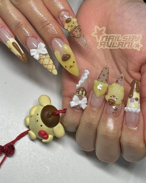 Pompompurin Nails Acrylic, San Rio Nails, Sanrio Nails Pompompurin, Cute Japanese Nail Art, Korean Gel X Nails, Pom Pom Purin Nails, Kawaii Fall Nails, Nail Art Characters, Boba Nails