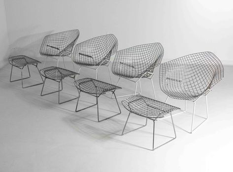 Listed on VNTG.com: Rare chrome diamond chairs with ottoman by Harry Bertoia, 1970s | #vntg #vintage Bertoia Diamond Chair, His Obsession, Wire Chair, Harry Bertoia, Big Diamond, Living Room Furniture Chairs, Steel Rod, City Furniture, On Air