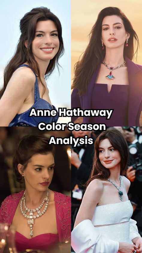 Ever wondered what Anne Hathaway's color season is? Discover why she's a Dark Winter and how it enhances her features. Anne Hathaway Brown Hair, Anne Hathaway Jewelry, Anne Hathaway Best Looks, Anne Hathaway Color Season, Anne Hathaway Color Palette, Anne Hathaway Color Analysis, Dark Winter Color Analysis, Cool Winter Celebrities, Anne Hathaway Hair Color