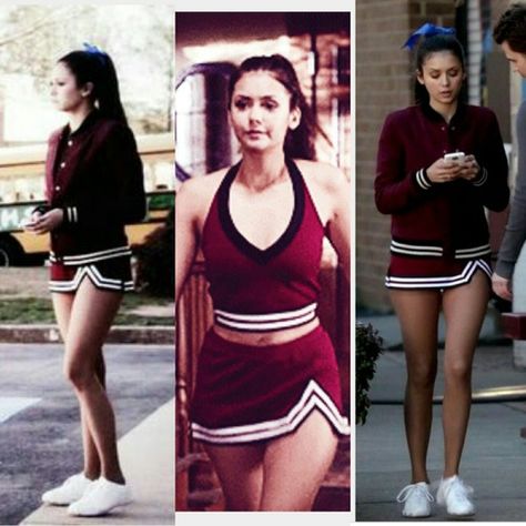 Elena Gilbert Cheerleader Outfit, Vampy Girl, Jersey Dress Outfit, Nina Dobrev Vampire Diaries, Icon People, Cheer Costumes, Elena Gilbert Style, Tvd Cast, Nina Dobrev Style