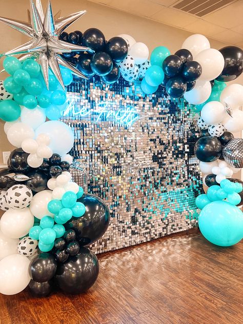 18th Birthday Party Ideas Cow Theme, Cowgirl 15 Birthday Party, Space Cowgirl Sweet 16 Party, Rhinestone Cowgirl Decor, Space Cowgirl Backdrop, Teal Cowgirl Birthday Party, Disco Cowgirl Party Blue, Blue Disco Cowgirl, Blue Western Bachelorette Party