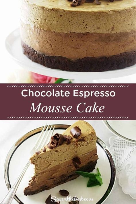 this chocolate amaretto-espresso mousse cake is a taste sensation! Chocolate Espresso Mousse Cake, Espresso Mousse Cake, Espresso Mousse, Strawberry Banana Cheesecake Salad, Mousse Cake Recipe, Chocolate Cappuccino, Chocolate Dishes, Easy Cupcake Recipes, Cheesecake Mousse