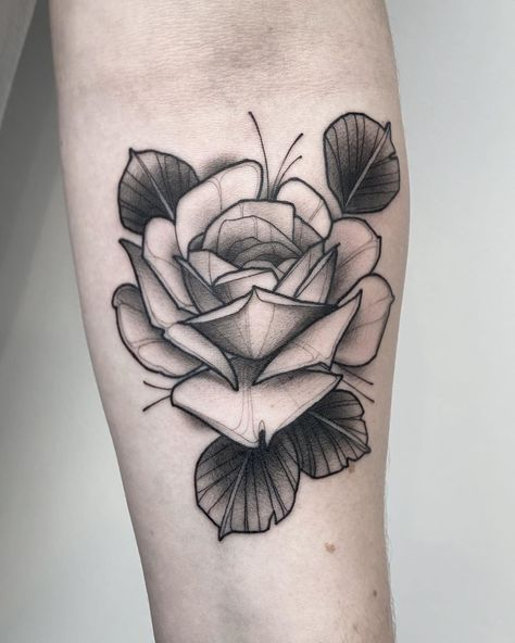 Sketchy Rose Tattoo, Dotwork Rose Tattoo, Stipple Rose Tattoo, Ornamental Rose Tattoo, Neo Traditional Rose Tattoo Design, Roze Tattoo, Trad Rose Tattoo, Neotrad Rose, Neo Trad Rose