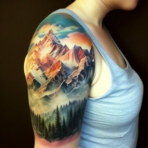 Color Mountain Tattoo, Mountain Tattoo Sleeve, Mountain Sleeve Tattoo, Elk Tattoo, Outdoor Tattoo, Maroon Bells Colorado, Colorado Tattoo, Circular Tattoo, Mountain Tattoos