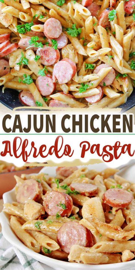 This ONE-POT CAJUN CHICKEN ALFREDO PASTA has chicken and sausage. In under one hour you'll have a tasty and comforting meal made in one skillet. #cajunchickenpasta #cajunchickenalfredo #cajunchickenpastarecipes #chickenrecipe #pastarecipe #onepotmeals Pasta Recipes Chicken Alfredo, Alfredo Pasta With Sausage, Recipes Chicken Alfredo, Pasta Chicken Alfredo, Cajun Chicken Alfredo Pasta, Sheet Meals, Alfredo With Sausage, Reset Recipes, Sausage Alfredo Pasta