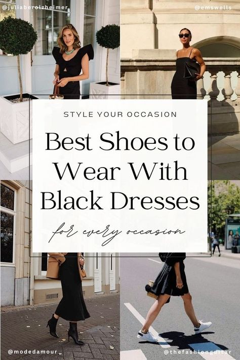 Discover 20 classy black dress outfits and learn about the best shoes to pair with your LBD! Wondering what shoes to wear with a black dress? No matter the style – long, casual, formal, or elegant – we have the perfect shoes to complete your look! black dress and sneakers, boots, heels Shoes With Black Maxi Dress, Black Dress And Sneakers, Classy Black Dress Outfit, Lbd Shoes, Black Dresses With Boots, Classy Black Dress, Black Dress Winter, Black Dress With Heels, What Shoes To Wear