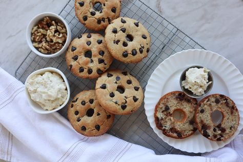 "Panera Bread" Chocolate Chip Bagels With Honey-Walnut "Cream Cheese" (Gluten, Yeast & Refined Sugar-Free) Panera Chocolate Chip Bagel Recipe, Chocolate Chip Bagel Recipe, Chocolate Chip Bagel, Chocolate Chip Bagels, Walnut Cream, Doughnut Pan, Healthy Flour, Bread Chocolate, Dairy Free Cream Cheese