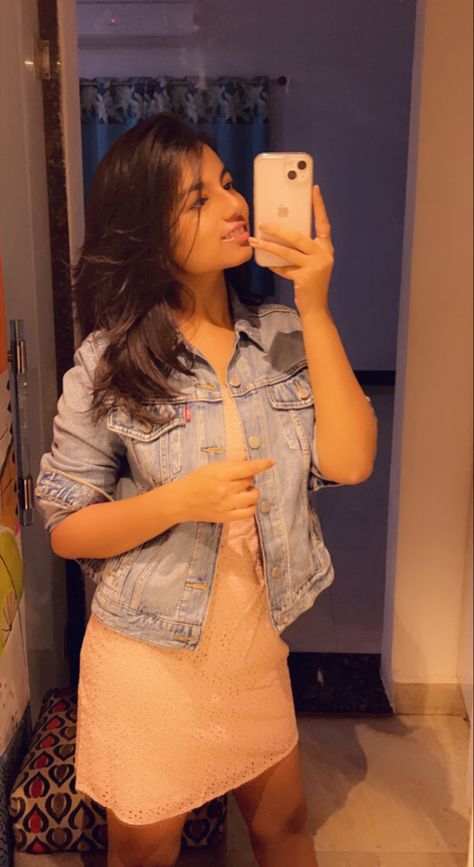 Cute pink dress paired with a denim jacket Cute Pink Dress, Cute Pink, Pink Dress, Denim Jacket, Casual Outfits, Mirror Selfie, Pink