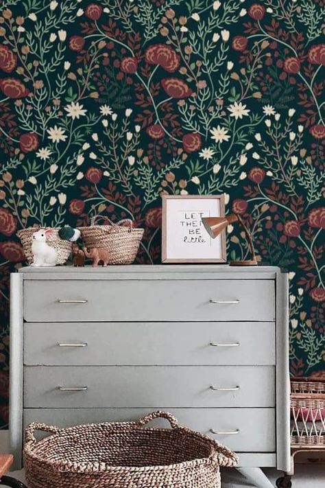 14 Dark and Moody Nursery Decor Ideas » Lady Decluttered Moody Nursery Wallpaper, Green Nursery Wallpaper, Home Decor Ideas Dark, Moody Home Aesthetic, Wallpaper Trends 2023, Moody Floral Nursery, Black Home Decor Ideas, Dark Moody Home, Gothic Home Aesthetic