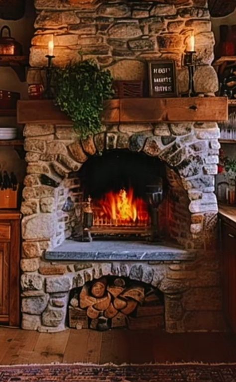 Stone Fireplace Bookshelves, Cottage Core Fireplace, Chimney Aesthetic, Hearth Aesthetic, Fireplace Aesthetic, Real Fireplace, Mountain Farmhouse, Country Fireplace, Cottage Fireplace