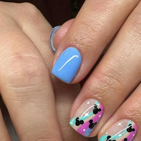 Mallory Young on Instagram: "You’re never too old to be young✨💕 These Disney cruise nails are so adorable! Her daughter had to match as well! @beauty_with_lo did her nails!🫶🏼  . . . #disneynails #disneycruisenails #mickeynails #luminarynailsystems #luxapolish #matchingnails #naturalnails #disneynailart #theparlourat713" Blue Nails Disney, Simple Disney Cruise Nails, Disney Blue Nails, Kid Disney Nails, Bright Disney Nails, Disney Nails Square, Cute Disney Nail Designs, Disney Spring Nails, Colorful Disney Nails