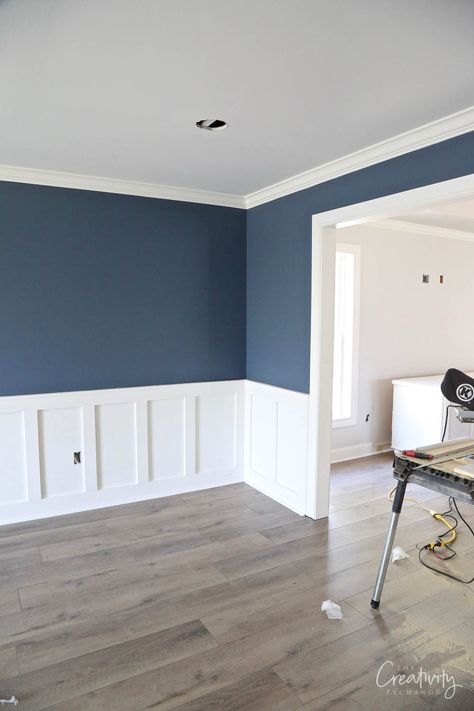 Sherwin Williams Blue Dining Room, Blue Dining Room Walls Sherwin Williams, Blue And White Painted Walls, Smokey Blue Paint Sherwin Williams, Smokey Blue Sherwin Williams Cabinets, Smokey Blue Accent Wall, Dark Blue Dining Rooms, Wall Floor Color Combination, Blue Paint For Dining Room