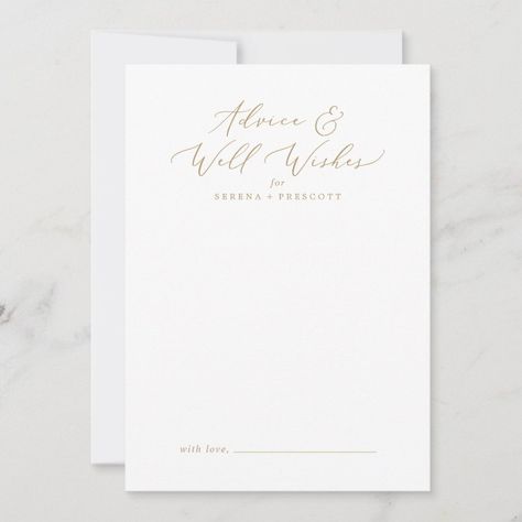 Delicate Gold Calligraphy Wedding Well Wishes and Advice Card  Zazzle Minimalist Graduation Party, Newlywed Advice, Summer Calligraphy, Wedding Elegant Classy, Yellow Typography, Wedding Reception Activities, Romantic Minimalist, Modern Wedding Reception, Simple Bridal Shower