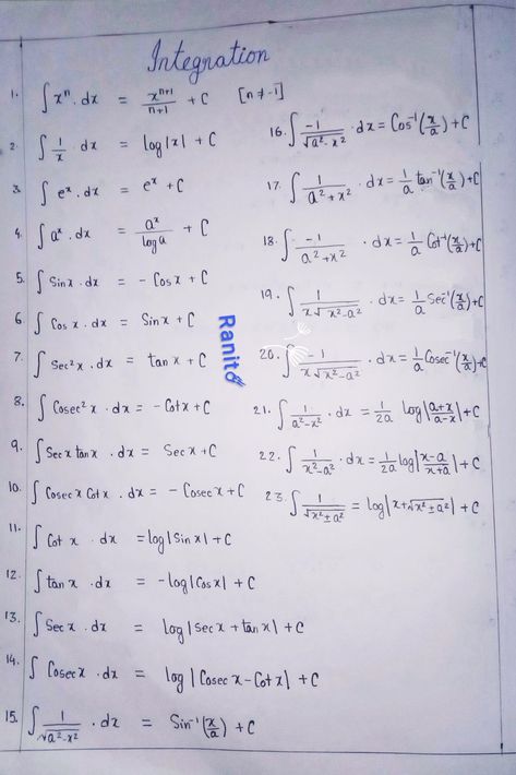 Here's a few important formulas of calculus for indefinite integration. There's a lot more,plus,I have skipped the formulas of integration by parts... Integrals Calculus Formula, Indefinite Integration Formulas, Maths Integration Formula, All Integration Formulas, Calculus 2 Notes, Continuity And Differentiability Formula, Integration Formulas Tricks, Integration Formulas Notes, Calculas Formulas