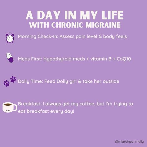 Living with chronic migraine means every day is different, but having a routine helps me find balance. 💜 Today, I’m sharing a glimpse into my daily life—swipe through to see how I manage the ups and downs. Want to dive deeper? Head to the link in my bio to read the full blog post where I share more about what my day looks like and the small habits that help me get through. Let’s keep the conversation going—how do you manage your day with chronic illness? Comment below! 👇 #ChronicIllnessWarr... Daily Routine For Chronic Illness, Keep The Conversation Going, Small Habits, My Daily Life, Chronic Migraines, Find Balance, Finding Balance, Ups And Downs, Im Trying