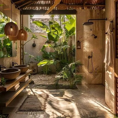 Rainforest House Interior, Bali Spa Aesthetic, Jungle Home Aesthetic, Bali House Interior, Off Grid Toilet, Tulum Bathroom, Bali Cottage, Bathroom For Kids, Bathroom Jungle