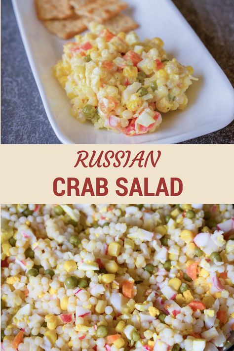 Russian Crab Salad Russian Crab Salad, Cold Crab Recipes, Russian Side Dishes, Russian Appetizers, Russian Plates, Russian Salads, Russian Snacks, Russian Salad Recipe, Russian Salad