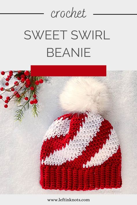 Crochet the Sweet Swirl Beanie in red and white to rock your peppermint vibes! You can also get creative with your color combination and use neutrals to make a warm and chic winter hat. Keep reading for the free crochet pattern. November Crochet, Crochet A Sun, Crochet Santa Hat, Crochet Ripple Pattern, Crochet Beanie Pattern Free, Crochet Christmas Hats, Crochet Baby Beanie, Crochet Santa, Crochet Hat Free