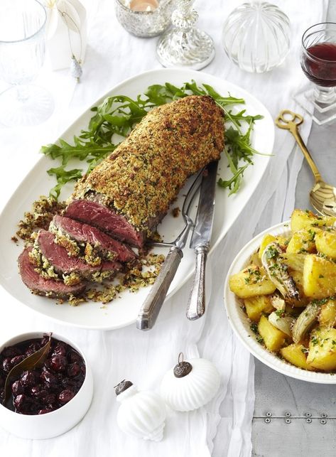 This glorious herb-crusted fillet of beef makes a very impressive main course and is perfect for a special occasion, but easy to cook. Serve it with the Cherry Mostada or a simple combination of crème frâiche and horseradish. Beef Fillet Recipes, Fillet Of Beef, New Zealand Cuisine, Fillet Recipes, Parmesan Polenta, Beef Olives, Beef Fillet, Beef Cheeks, Red Wine Sauce