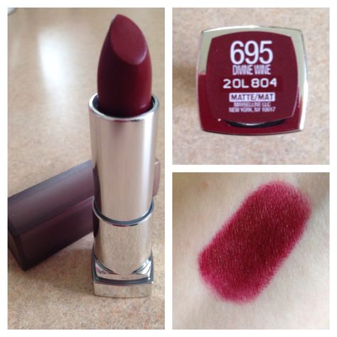 Maybelline lipstick in Divine Wine I think I spent $8 on this shade at CVS. Perfect for fall, it works, and looks great! Maybelline Divine Wine, Maybelline Creamy Matte Lipstick, Wine Lipstick, Maybelline Lipstick, Bright Lipstick, Lips Shades, Lipstick Collection, Makeup Swatches, Drugstore Makeup