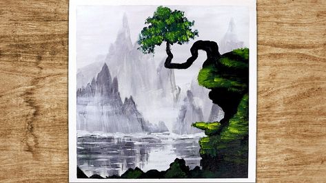 Bonsai Painting Acrylic, Bonsai Tree Painting, Painting Acrylic Landscape, Landscape Painting For Beginners, Easy Hand Drawings, Chinese Scroll, Hand Drawings, Acrylic Landscape, Painting For Beginners