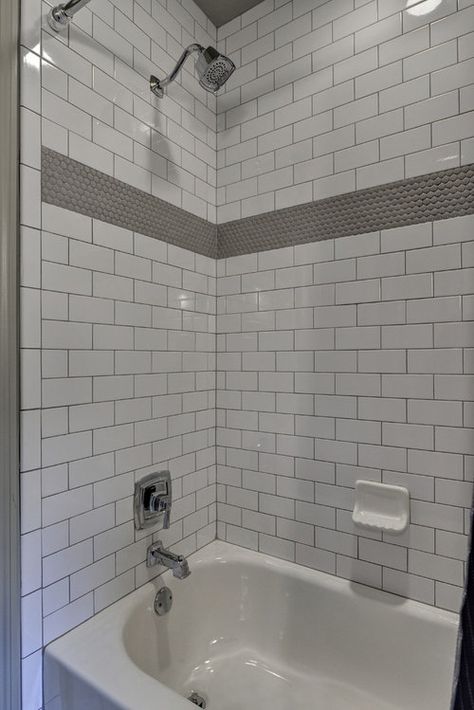 Subway Tiles Bathroom, Bathroom Tub Shower, Bathtub Tile, Bathroom Shower Walls, Penny Tile, Traditional Baths, Bathroom Redesign, Bathroom Tub, Shower Surround