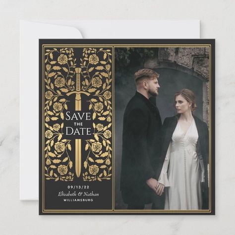 Black Medieval Sword Save the Date Photo Invitation  Zazzle Lotr Save The Date, Lord Of The Rings Save The Date, Simple Invitations, Placeholder Image, Save The Date Ideas, Modern Wedding Design, Date Photo, Swords Medieval, Save The Date Photos