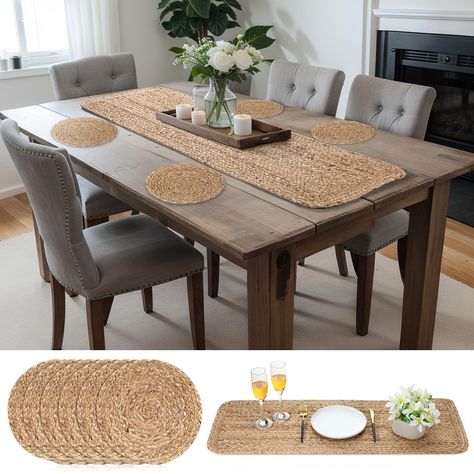 PRICES MAY VARY. Rustic Dining Set: our package includes 1 straw woven runner and 6 beautifully textured round placemats, seamlessly complementing any dining or living room setup; With a sizable table runner offering dimensions of 13" x 35.4" and circular placemats measuring 11.8" in diameter, these pieces comfortable fit most table configurations Quality Natural Material: the runner and placemat set is made from quality water hyacinth, a safe and durable material that offers nice resistance to Tound Table Runner, Runners For Tables Ideas, Table Runner And Placemats Dining Rooms, Everyday Dining Table Decor, Placemats Ideas Dining Rooms, Dining Table Setting Ideas, Circular Placemats, Kitchen Table Placemats, Casual Kitchen Table