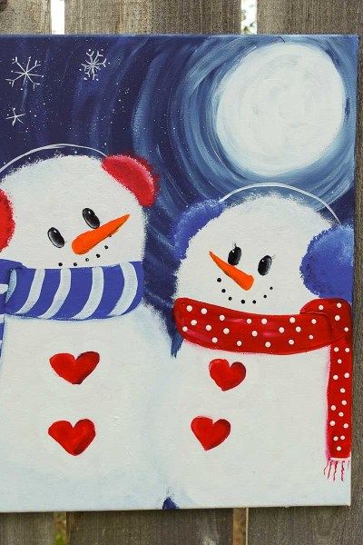 Winter Paintings Archives - Pamela Groppe Art Paint A Snowman, Winter Paintings, Snowman Couple, Basic Painting, Christmas Canvas Art, Christmas Paintings On Canvas, Christmas Painting, Painting For Beginners, Snowman Painting