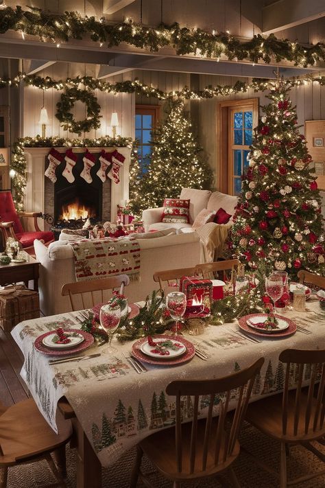 Christmas Dinning Ideas, Farmhouse Dining Room Christmas Decor, Christmas Dinning Room Decoration, Christmas Dining Room Ideas, Christmas Decir, Red And Green Decor, Dining Room Christmas Decor, Christmas Dining Room Decor, Holiday Dining Room