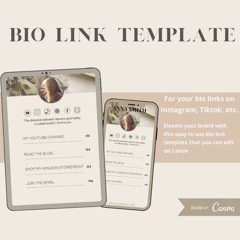 Link in bio template with Canva: This aesthetic neutral bio link template is perfect for your social media page. Easily customizable in Canva and perfect for content creators, small businesses, coaches, bloggers, etc! You can change colors and fonts, add text and photos and integrate links, like your website , Youtube channel or online store! Youtube Bio Ideas Aesthetic, Aesthetic Bio Templates, Bio For Video Creator, Linked In Bio Ideas, Link In Bio Template, Canva Quote Template, Social Media Pages, Website Template, Color Change