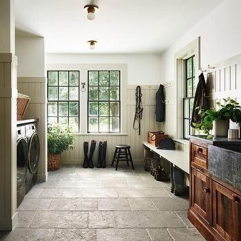 Combination Mudroom Laundry Room Design Ideas Cottage Style Mudroom, Old New England Homes, Rustic Ceiling Beams, Laundry Room Combo, Farmhouse Home Design, Farmhouse Fixer, White Farmhouse Sink, Jonathan Knight, White Laundry