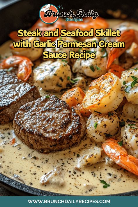 A luxurious steak and seafood skillet with creamy garlic parmesan sauce! #SteakAndSeafood #GourmetDinners #OnePanMeals Seafood Skillet, Creamy Garlic Parmesan Sauce, Garlic Parmesan Sauce, Parmesan Cream Sauce, Cream Sauce Recipes, Steak And Seafood, Parmesan Sauce, Egg Dish, One Pan Meals