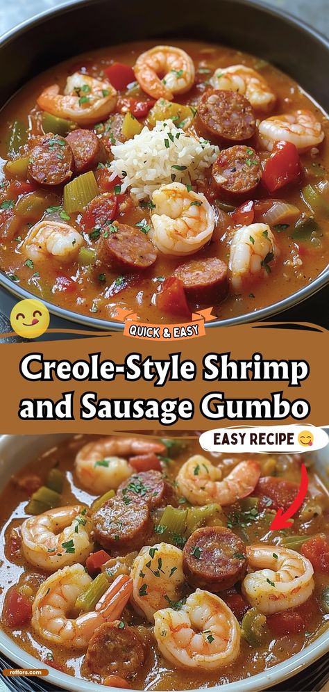 Immerse yourself in the rich, spicy flavors of the South with this Creole-Style Shrimp and Sausage Gumbo. Loaded with shrimp, sausage, and okra, and simmered in a savory broth, this gumbo is a hearty, satisfying dish that's full of tradition and taste. #ShrimpGumbo #CreoleCuisine #HeartyMeal Okra Gumbo Recipe Easy, Shrimp And Okra Recipes, Spicy Gumbo Recipe, Shrimp And Sausage Recipes, Sausage Gumbo Soup, Gumbo Soup Recipe, Sausage And Shrimp Recipes, Sausage And Shrimp Gumbo, Shrimp Creole Recipe Easy