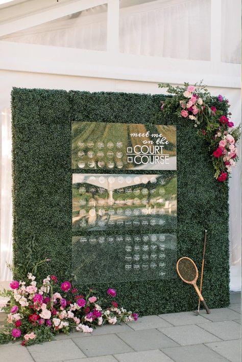 Pin on Styled Wedding Architecture Hens Themes, Wedding Preppy, Boxwood Wall, Tennis Wedding, Boxwood Backdrop, Navy Color Palette, Preppy Wedding, Sports Wedding, Wedding Reception Inspiration