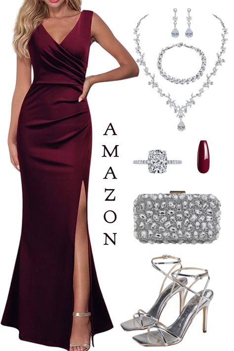 Summer wedding guest dress, evening sandals silver, burgundy maxi dress Burgundy Dress Accessories Formal, Burgundy Dress Jewelry, Burgundy Dress Jewelry Ideas, Burgundy Dress Wedding Guest, Wine And Silver Wedding Colors, Accessories For Burgundy Dress, Burgundy Dress Outfit Wedding Guest, Burgundy Dress Outfit Wedding, Silver And Burgundy Wedding