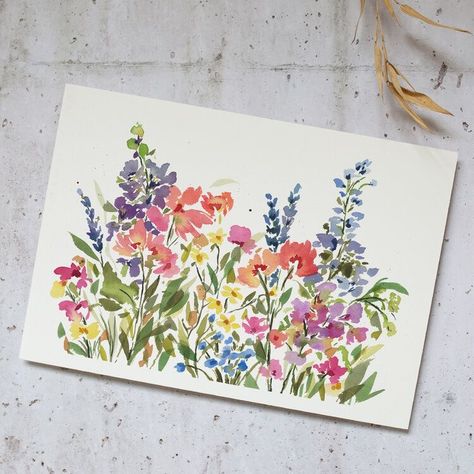 Floral Wreath Painting, Water Colour Ideas, Wildflower Drawings, Wildflower Field Painting, Dahlia Watercolor, Wreath Painting, Painting Scenery, Wildflower Painting, Watercolor Scenery