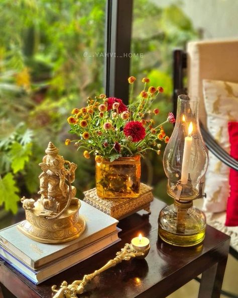 Diwali Center Table Decor, Meditation Room Design, Center Table Decor, Home Decor Copper, Indian Table, Indian Room Decor, Janmashtami Decoration, Diwali Decorations At Home, Colourful Living Room Decor