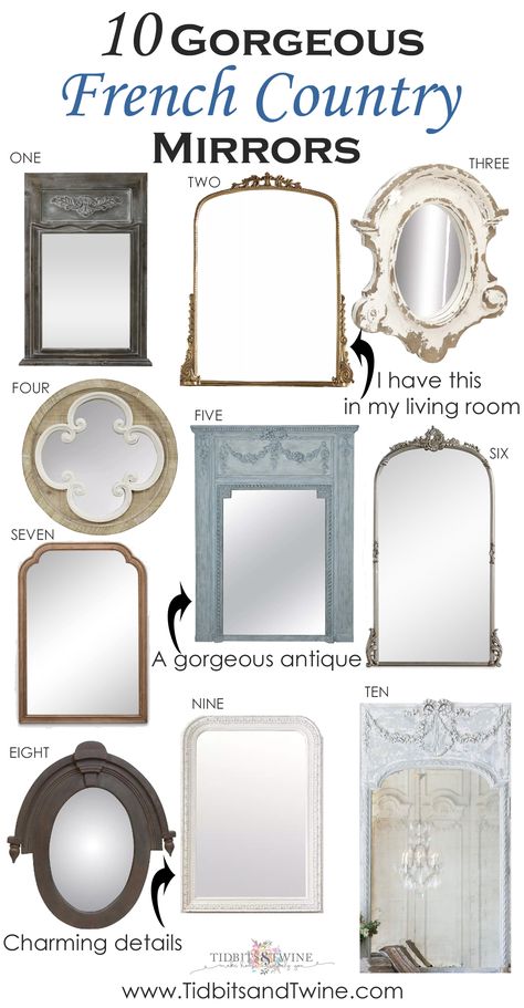 A curated collection of gorgeous French country mirrors. These mirrors exude elegance and are a great addition to any decorating style. French Mirror Bathroom, Country Bathroom Mirrors, French Country Powder Room, French Country Frames, Interior Design Vision Board, French Country Mirrors, French Country Wall Decor, French Style Mirrors, French Style Bedroom