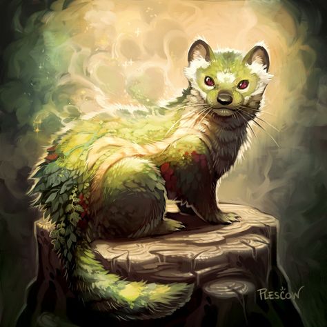 Looks enough like a weasel that you know the artist could make it look realistic if she wanted to. Good colors/pose, vague but dynamic background Ferret Fantasy Art, Dnd Ferret, Cute Fantasy Creatures Art, Fantasy Beast Art, Fantasy Creature Concept Art, Feywild Creatures, Stone Creature, Dessin Game Of Thrones, Mystical Animals