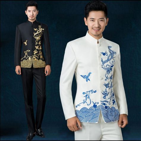 Chinese Men's Clothing, Embroidery Chinese, Stage Wedding, Wedding Dress Costume, Collar Embroidery, Asian Men Fashion, Ethnic Suit, Dress Pant Suit, Chinese Wedding Dress