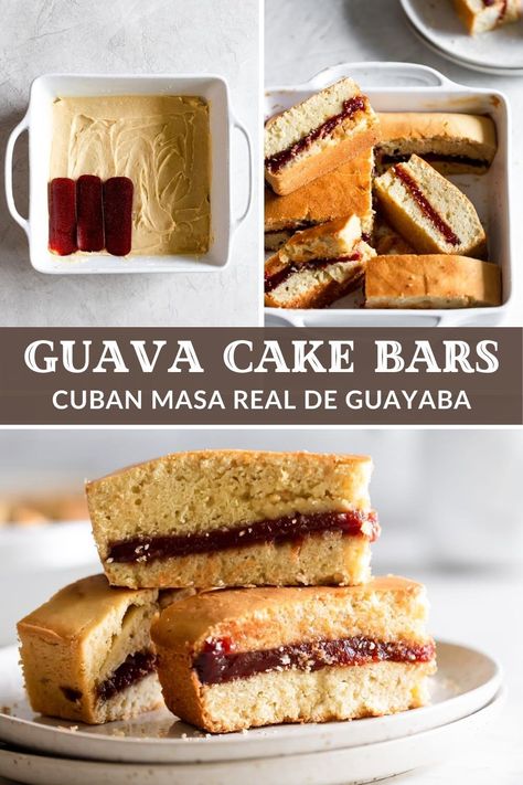 Cuban Guava Cake Bars! A layer of thick sweet guava paste sandwiched between two layers of rich, dense cake. The best dessert in all the land! #dessert #recipes Guava Desserts Recipes, Vegan Guava Recipes, Cuban Recipes Dessert, Guava Tart Recipes, Cuban Dessert Recipes, Guava Dessert Recipes, Cuban Desserts Authentic, Cuban Cake Recipe, Cuban Sweets