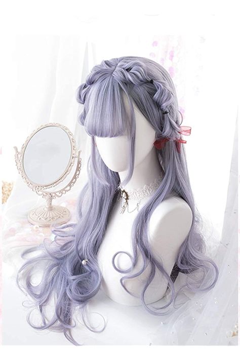 70cm Japanese Harajuku Purple Mixed Grey Pretty Kawaii Lolita Sweet Long Curly Synthetic Hair Cosplay Costume Wigs   Wig Cap (Light purple) Character Hairstyles, Purple Wig, Long Curly Wig, Cosplay Hair, Kawaii Hairstyles, Beautiful Wigs, Curly Wig, Silk Hair, Hair Density