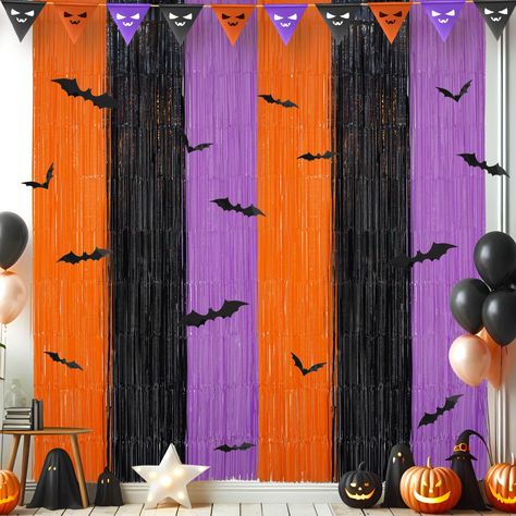 PRICES MAY VARY. Halloween Party Decorations: Halloween backdrop set includes 3 pcs 3.3 x 6.6 ft (width x length) foil fringe curtains adopted Halloween classic colors of orange purple black and 24 bats in four different styles, attractive Halloween decorations Durable Halloween Photo Backdrop: The Halloween party supplies are made of sturdy PE material, more vibrant colors and resistance to breakage or tearing, thicker and heavier, less prone to wrinkling or detachment, you can reuse them Easy Photo Booth Backdrop Halloween, Easy Halloween Backdrop, Halloween Party Photo Backdrop Diy, Halloween Picture Backdrop, Halloween Backdrop Photobooth, Halloween Photo Booth Backdrop, Halloween Party Photo Backdrop, Halloween Booth, Halloween Photobooth