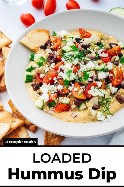 Hummus dip is a quick and easy appetizer! Top a platter with cucumber, tomatoes, olives and feta cheese, then dip with pita chips. #hummus #hummusdip #easyappetizer #appetizer #snack #partysnack #dip #partydip #easydip #summerappetizer #healthysnack Dip Recipes Healthy, Dip With Pita Chips, Loaded Hummus, Winter Salad Recipes, Salad Dressing Recipes Healthy, Spinach Dip Recipe, Hummus Dip, Vegan Snack, Dip Recipes Easy